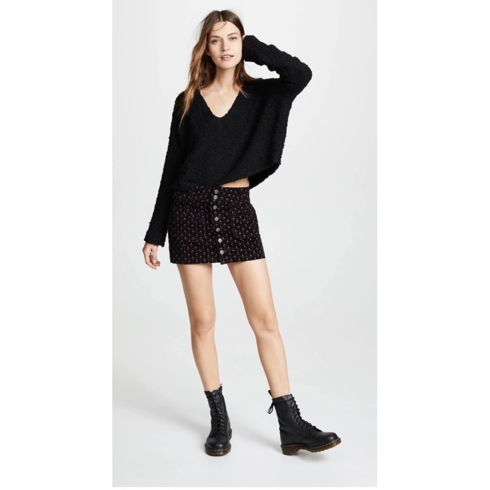 Free People Joani Corduroy Mini Skirt Black Red Pattern Size 27 Buttons